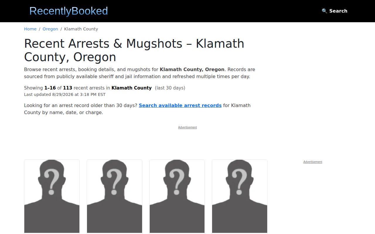 Unofficial Klamath County booking-news context from the RecentlyBooked local section